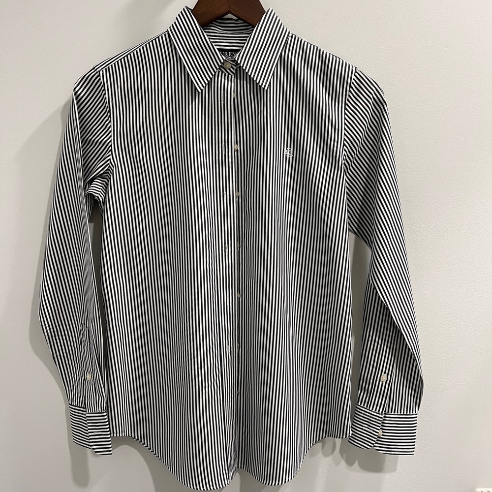 Ralph Lauren Women's Black and White Striped Button Down Shirt